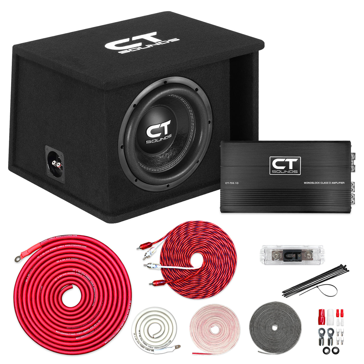 Single 10” 1300W Complete Bass Package with Loaded Subwoofer Box and Amplifier