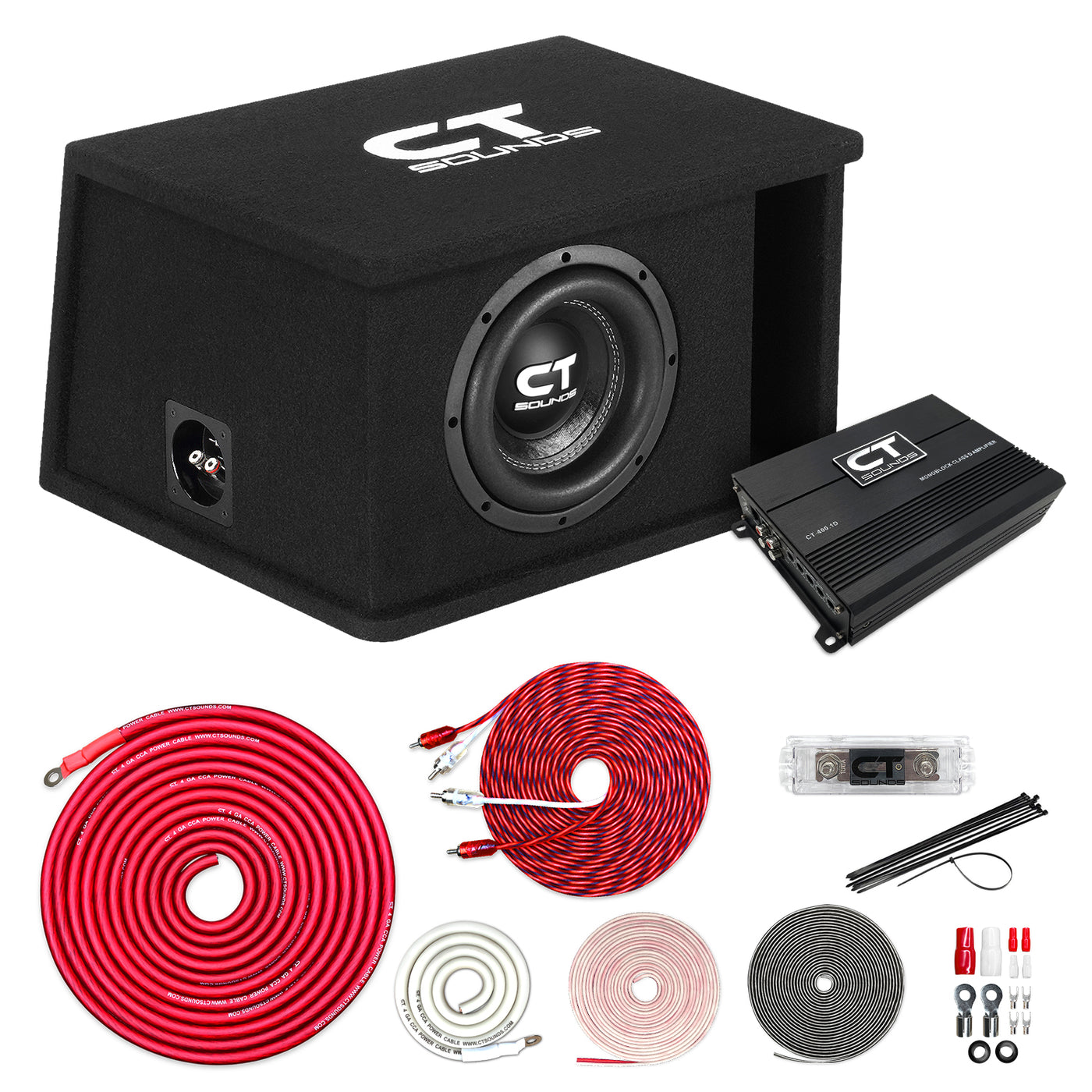 Single 8” 800W Complete Bass Package with Loaded Subwoofer Box and Amplifier