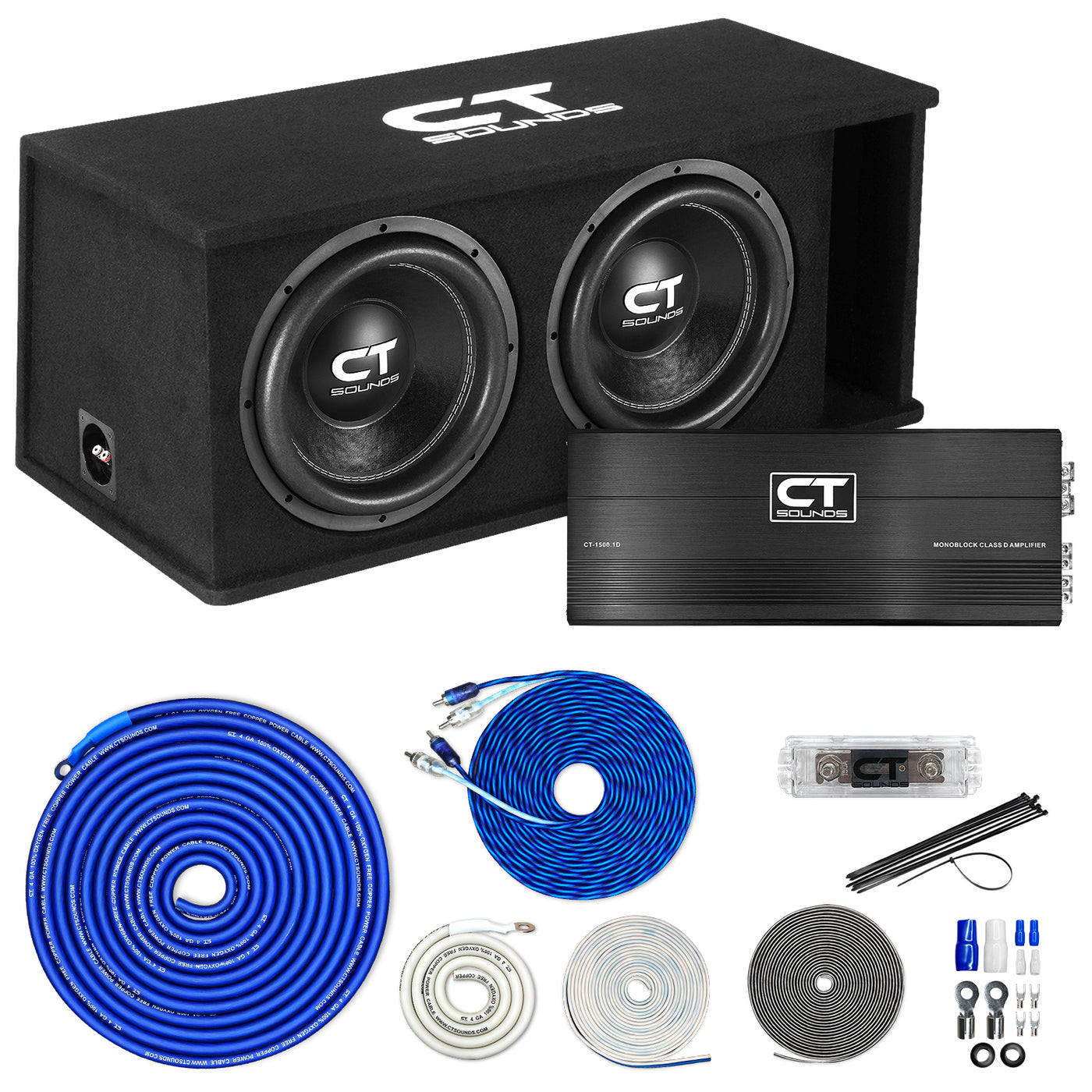 Dual 12” 2600W Complete Bass Package with Loaded Subwoofer Box and Amplifier