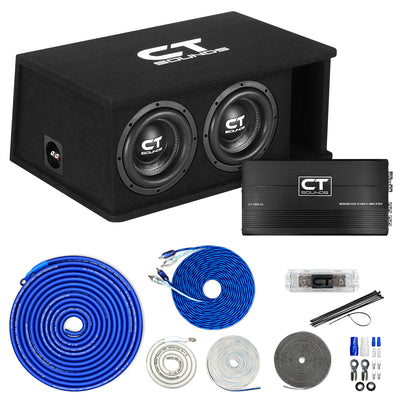 Dual 8” 1600W Complete Bass Package with Loaded Subwoofer Box and Amplifier